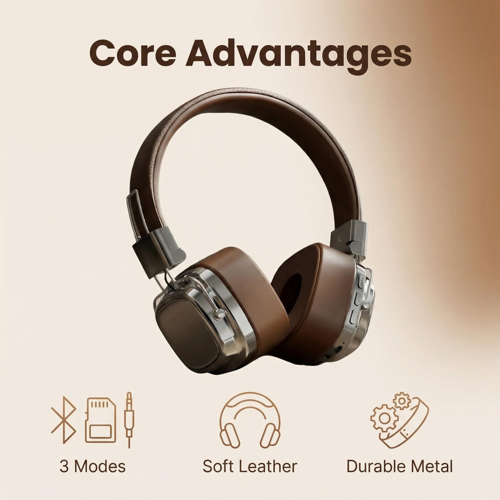 Audio Music Apple - Retro Skórzane Słuchawki Nauszne Bezprzewodowe Bluetooth